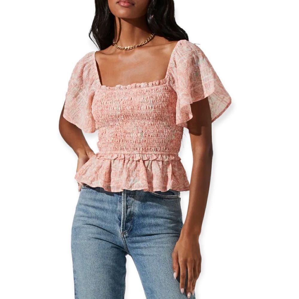 ASTR THE LABEL Flutter Sleeve Smocked Top CLAY MULTI FLORAL M‎